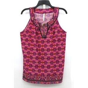NY Collection Blouse Tank Top Womens Size L Purple Pink Geometric Keyhole Neck
